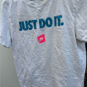 Nike White Short-Sleeve Tee with Blue "JUST DO IT." and Pink Nike Box